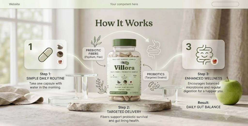 How Villora works: take one capsule with water, targeted delivery and enhanced wellness